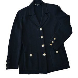 St John Basics Blazer Jacket Black Santana Knit Logo Gold Buttons Pockets USA 6